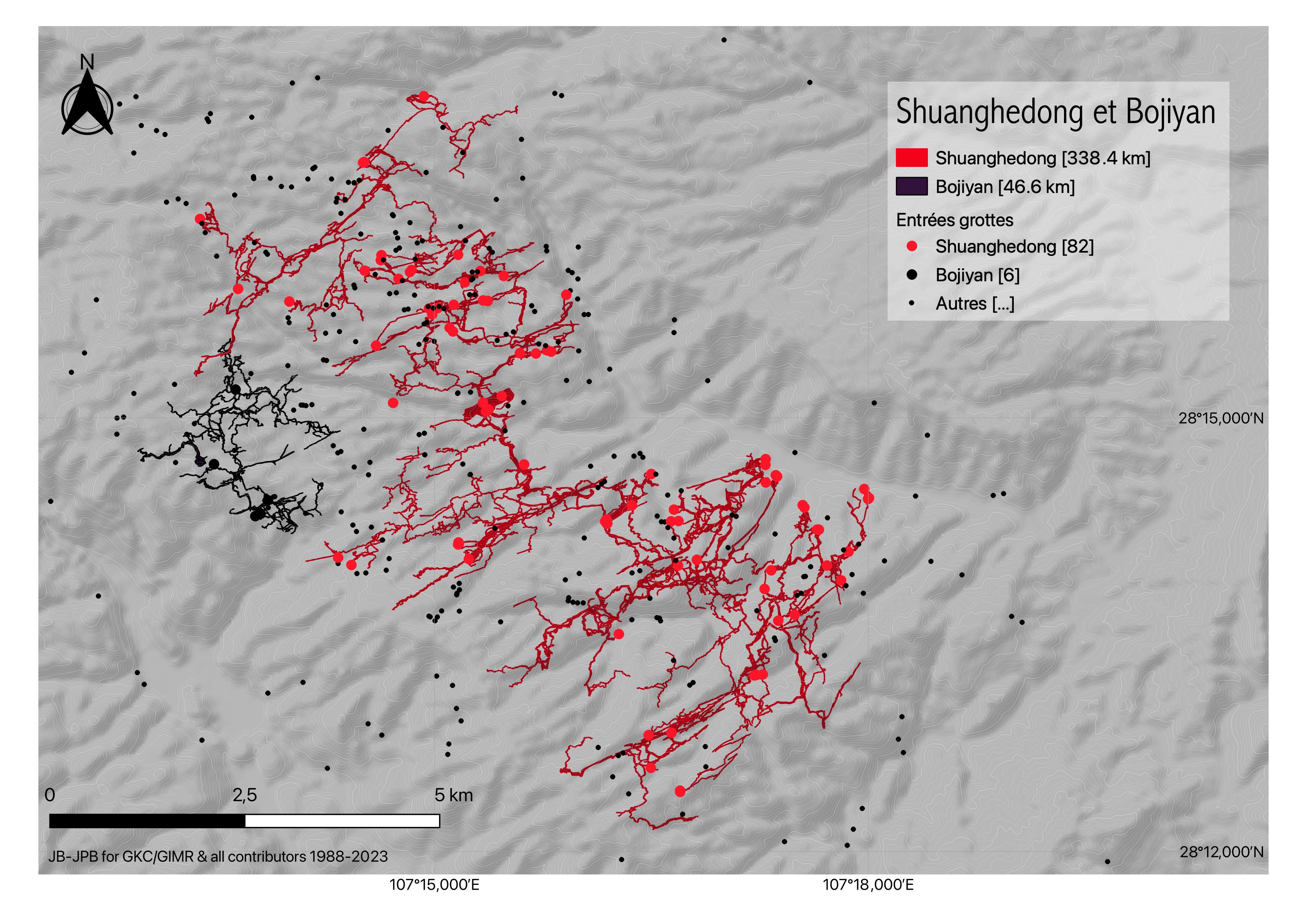 Plan et situation des grottes de Shuanghedong et Bojiyan - Suiyang, Zunyi, Guizhou, Chine
